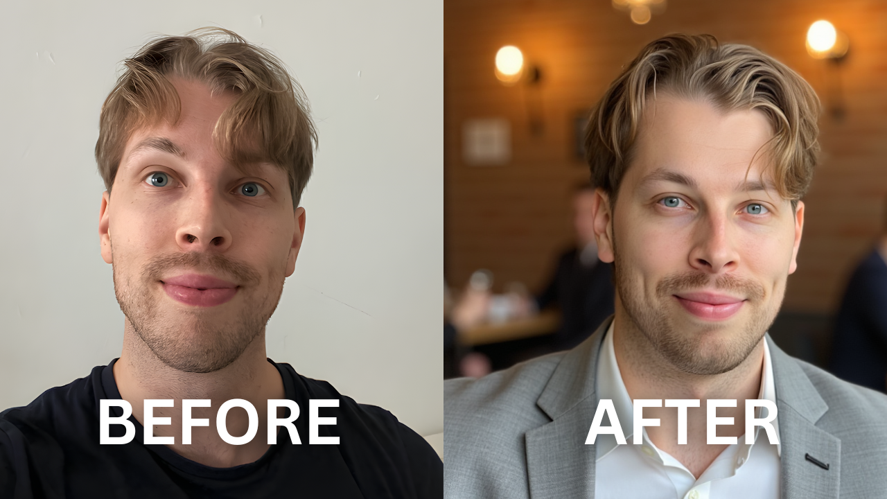 Before/after style AI headshots