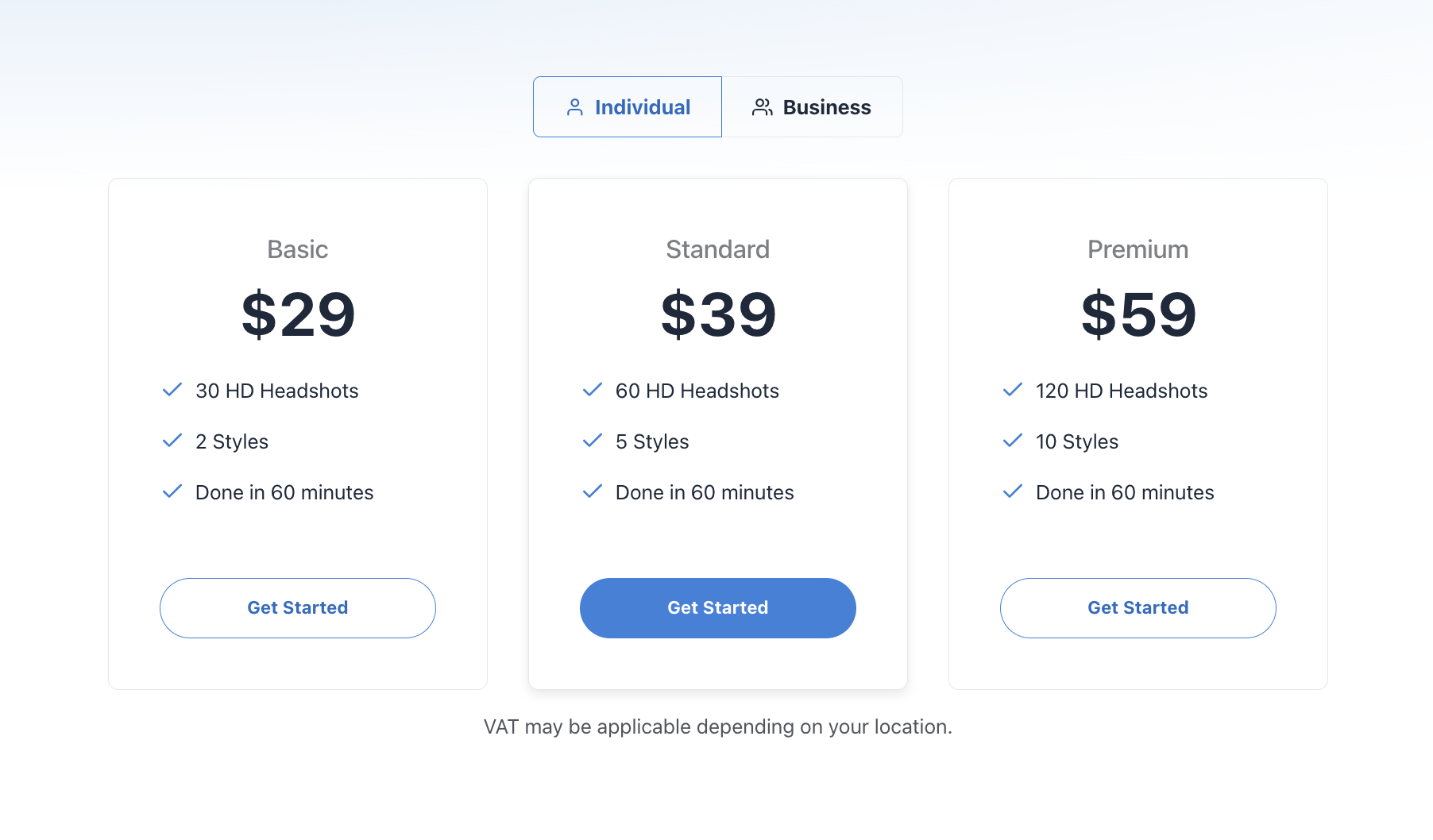 HeadshotsByAI pricing table