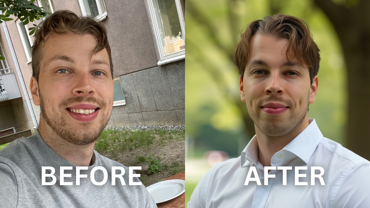 Before/after style AI headshot comparison