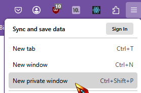 showing how to open a new private window in firefox