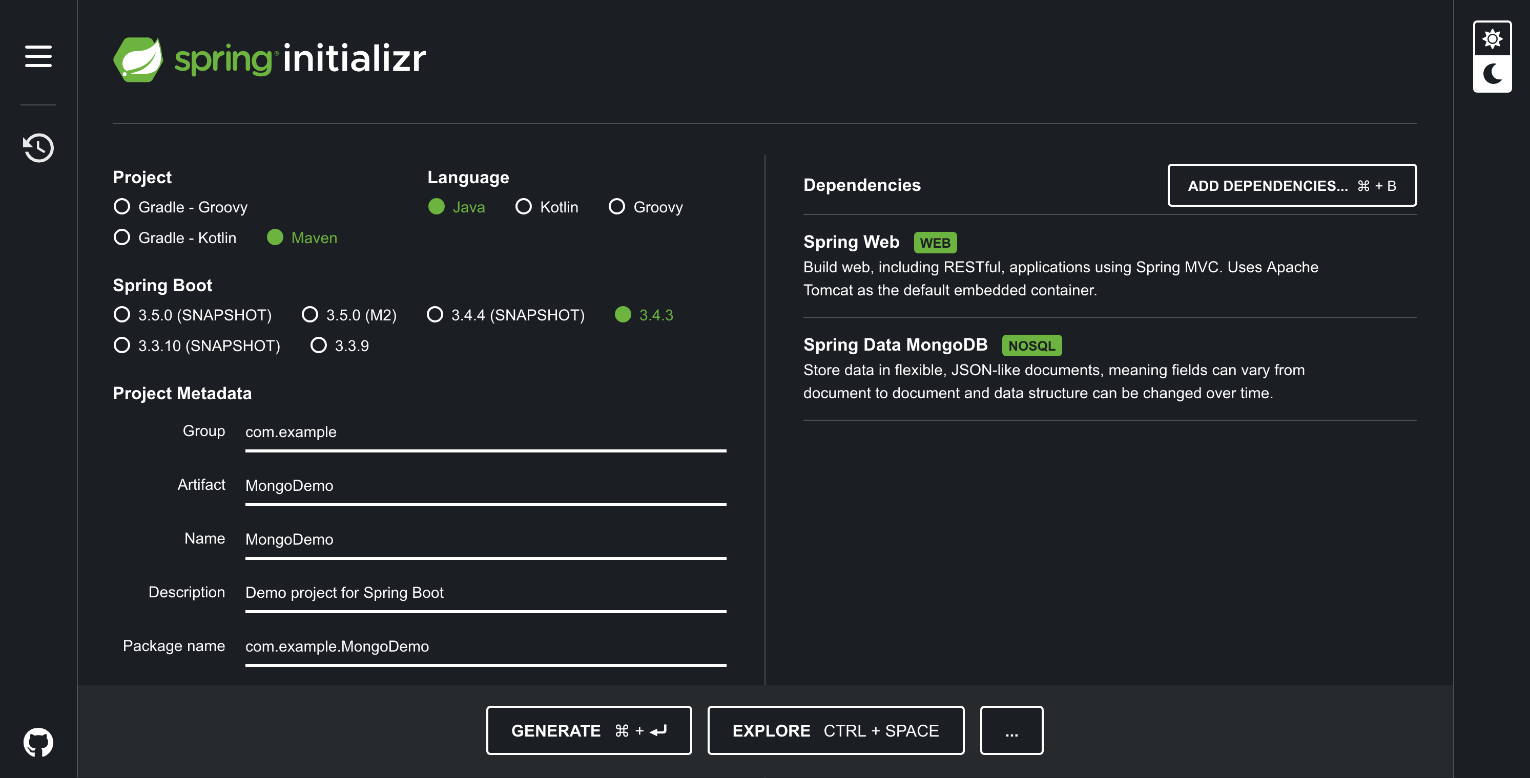 spring initializr website