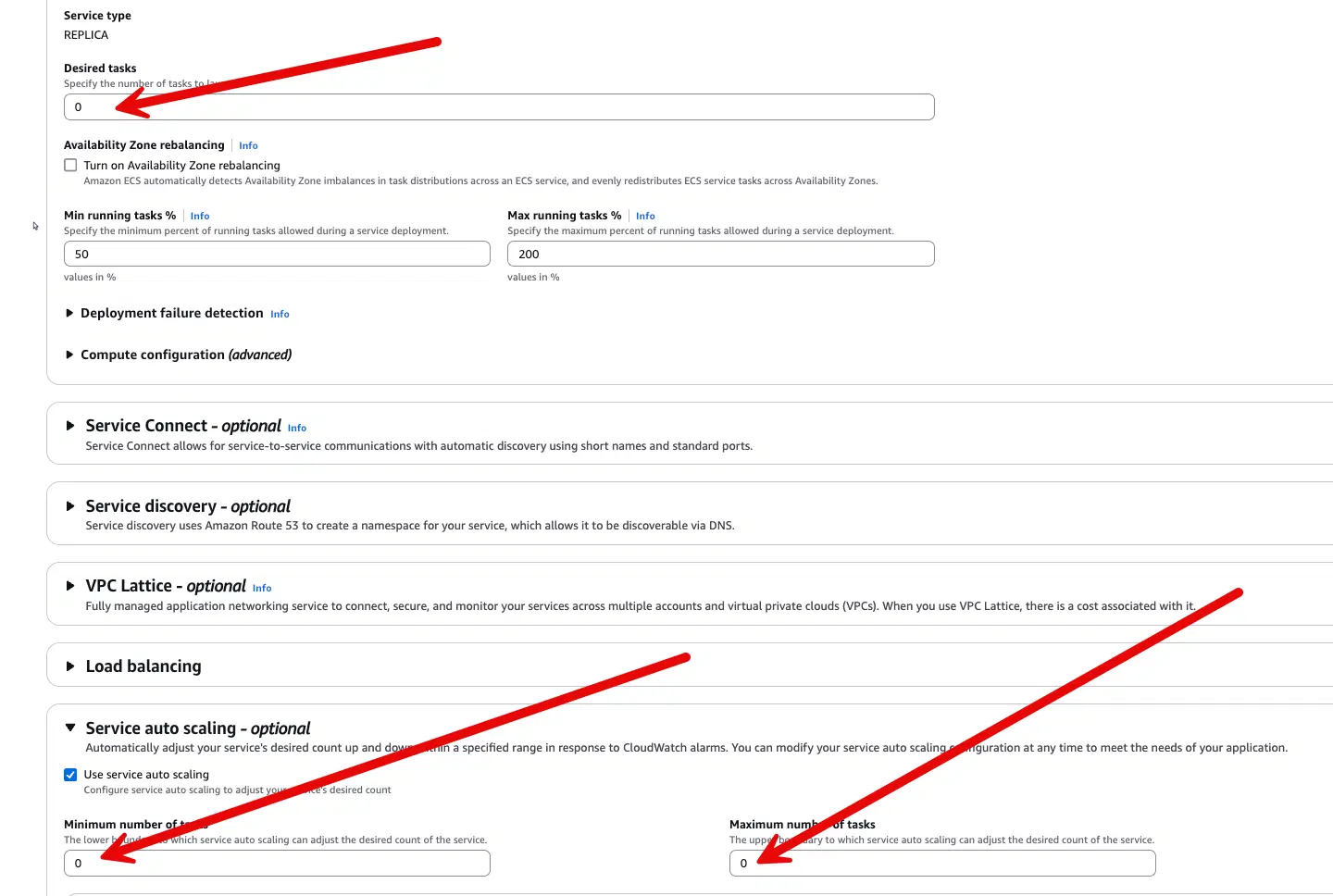 ECS AWS console settings