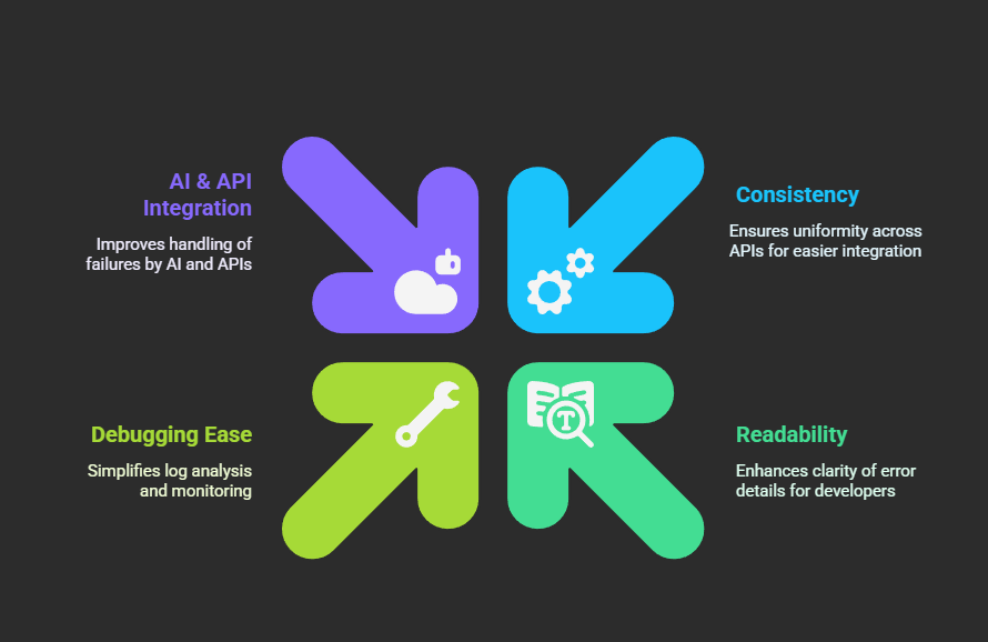 Four-way infographic showing the benefits of standardized error handling: AI & API integration, consistency, debugging ease, and readability.