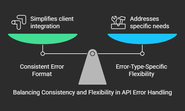 Scale diagram balancing consistent error formatting (simplifies integration) and error-type-specific flexibility (addresses specific needs).