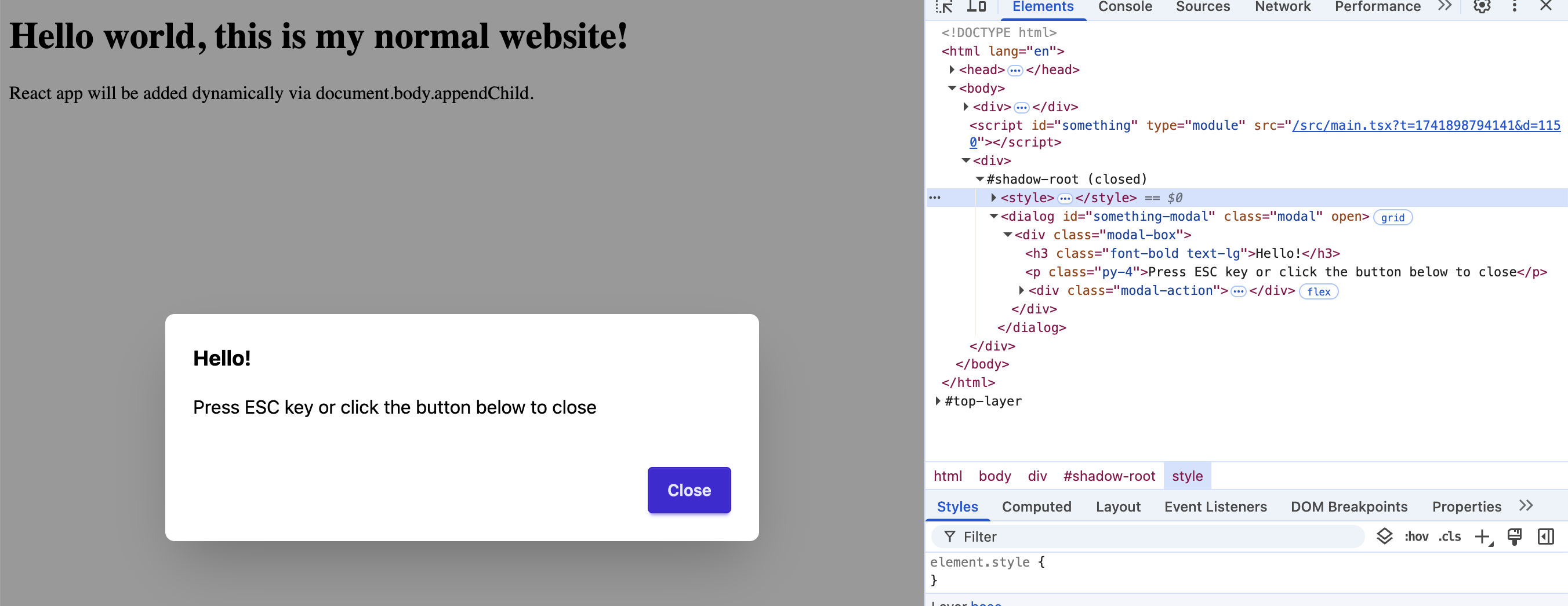 Example webpage with Shadow DOM TailwindCSS and DaisyUI implementation