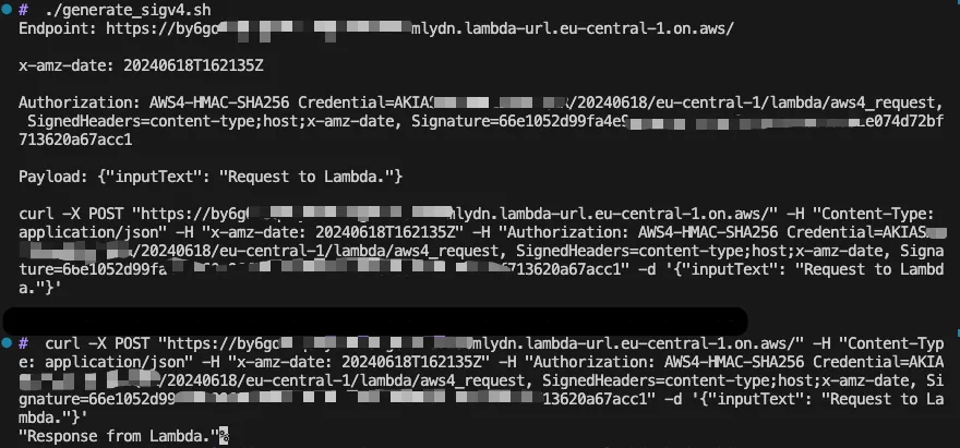 *Generate signature and request to the Lambda function URL from CLI*