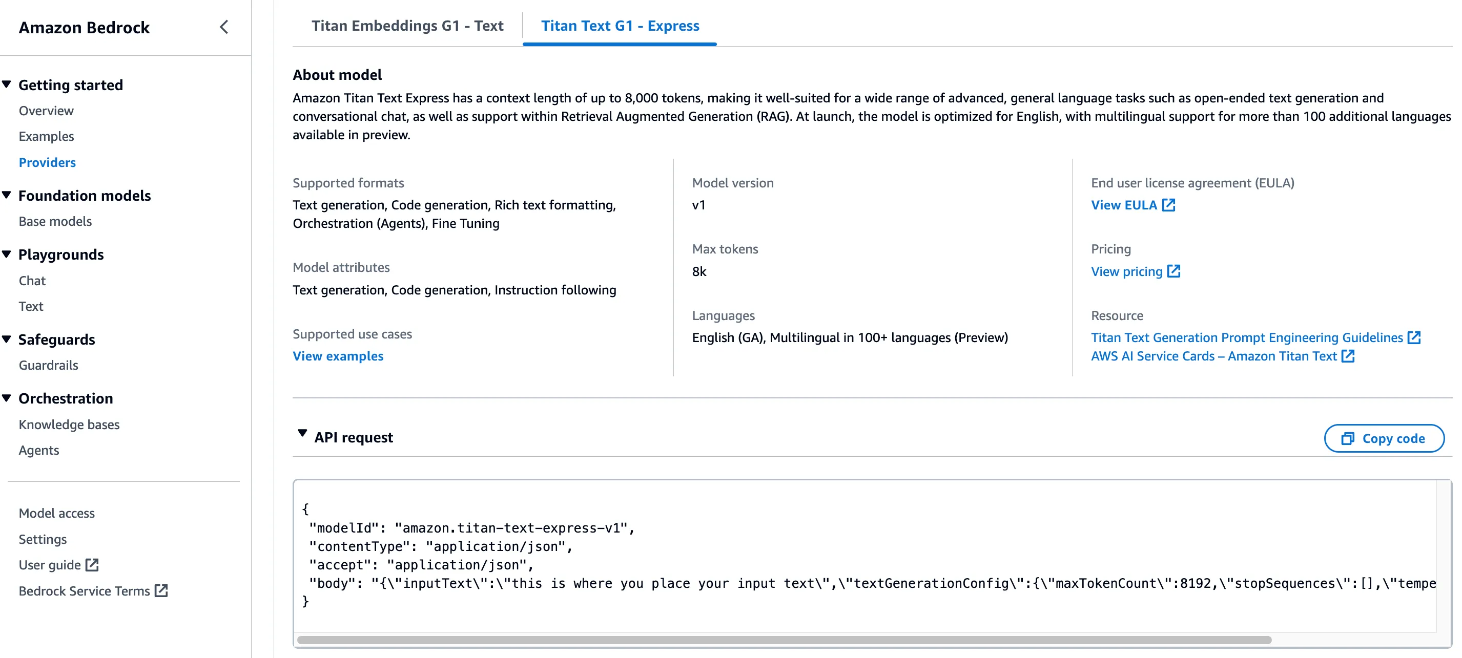 Bedrock model API request configuration