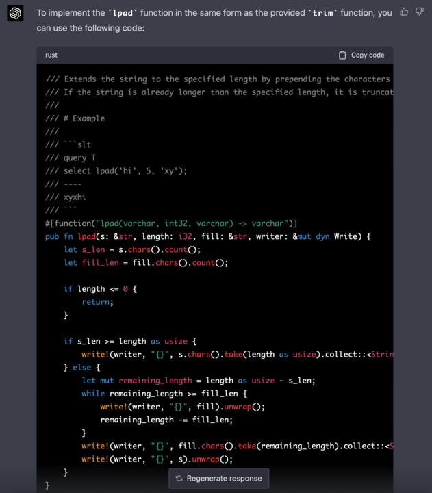 Show GPT an example of a SQL function implementation, then provide documentation for a new function and ask for Rust implementation code.