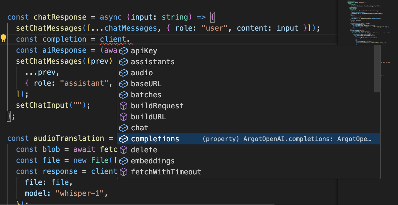 Type-ahead support powered by TypeScript definitions in the Stainless-generated OpenAI SDK