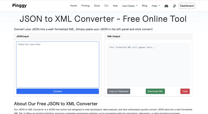 JSON to XML Converter - A Free Online Tool by Pinggy
