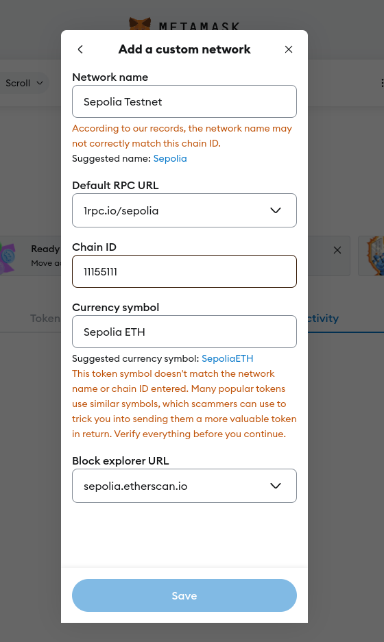 Sepolia Testnet Metamask agregar de manera manual