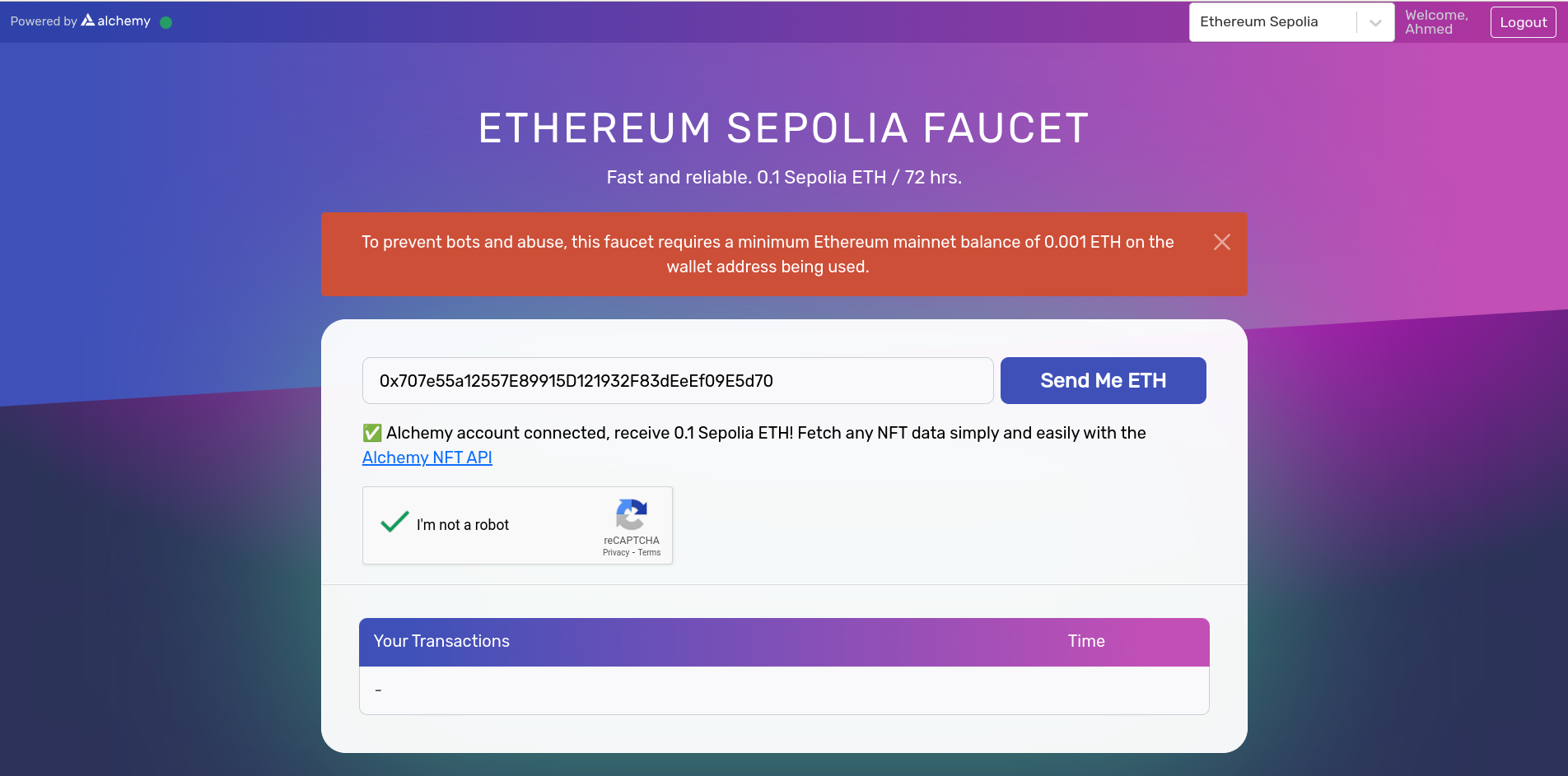 Fondos de Sepolia gratis en la faucet de Alchemy