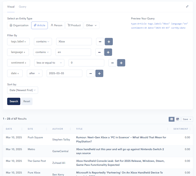 Search results shown, now filtered to English with negative sentiment, and with a date filter