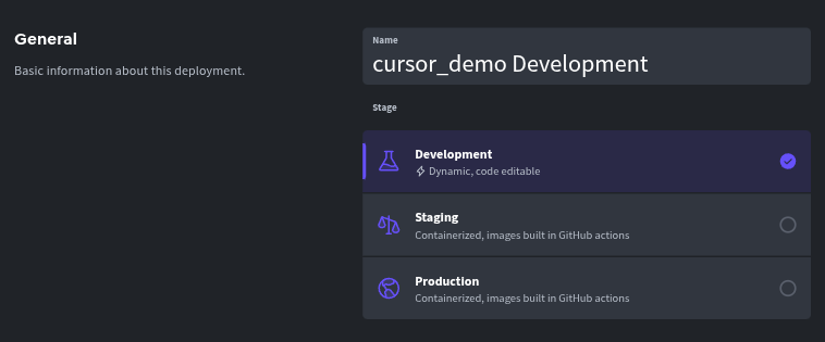 Create development deployment