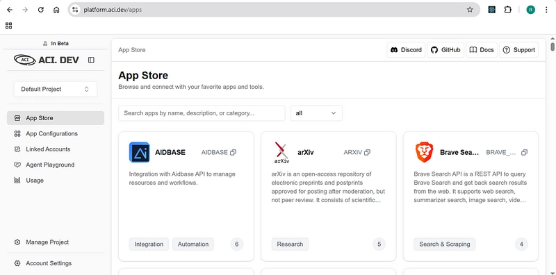 Components structure in '/apps' route in open source ACI.dev platform.