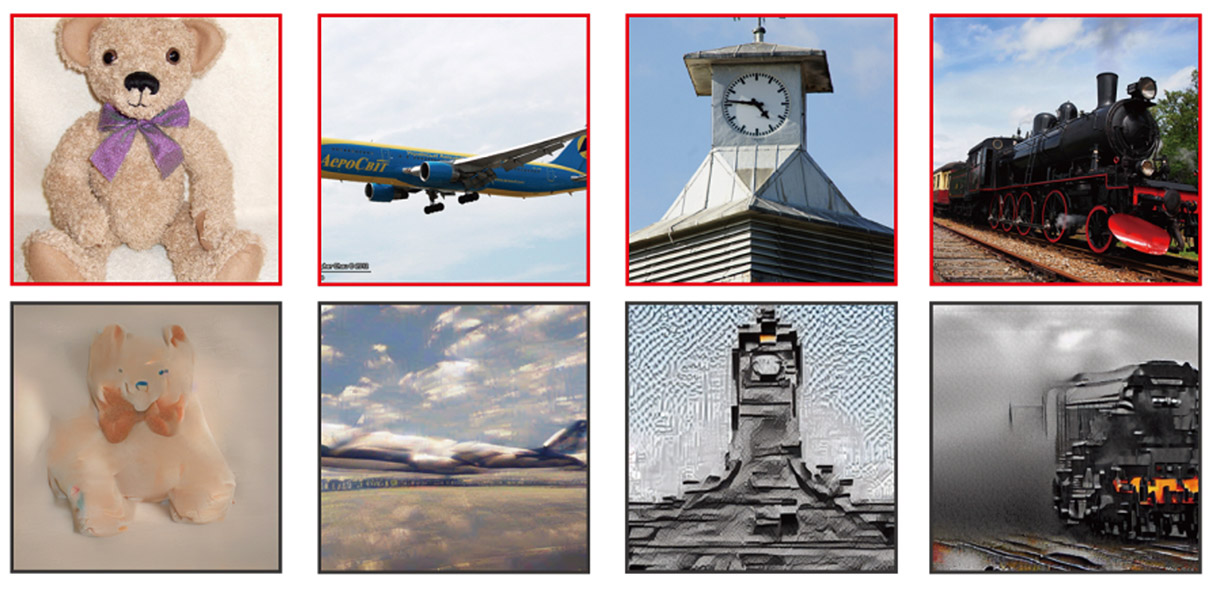 AI re-creations of images based on brain scans (bottom row) match the layout, perspective, and contents of the actual photos seen by study participants (top row)