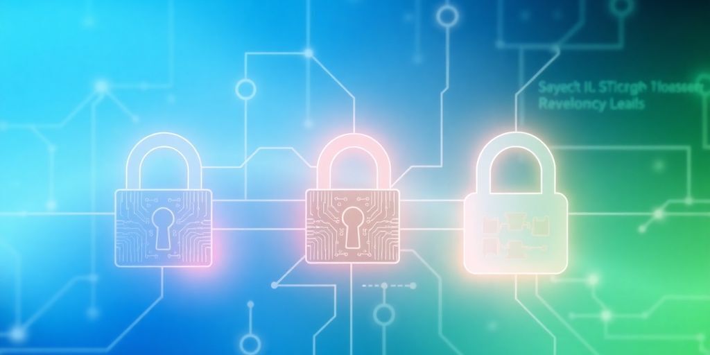 Illustration of digital locks and code snippets for security.