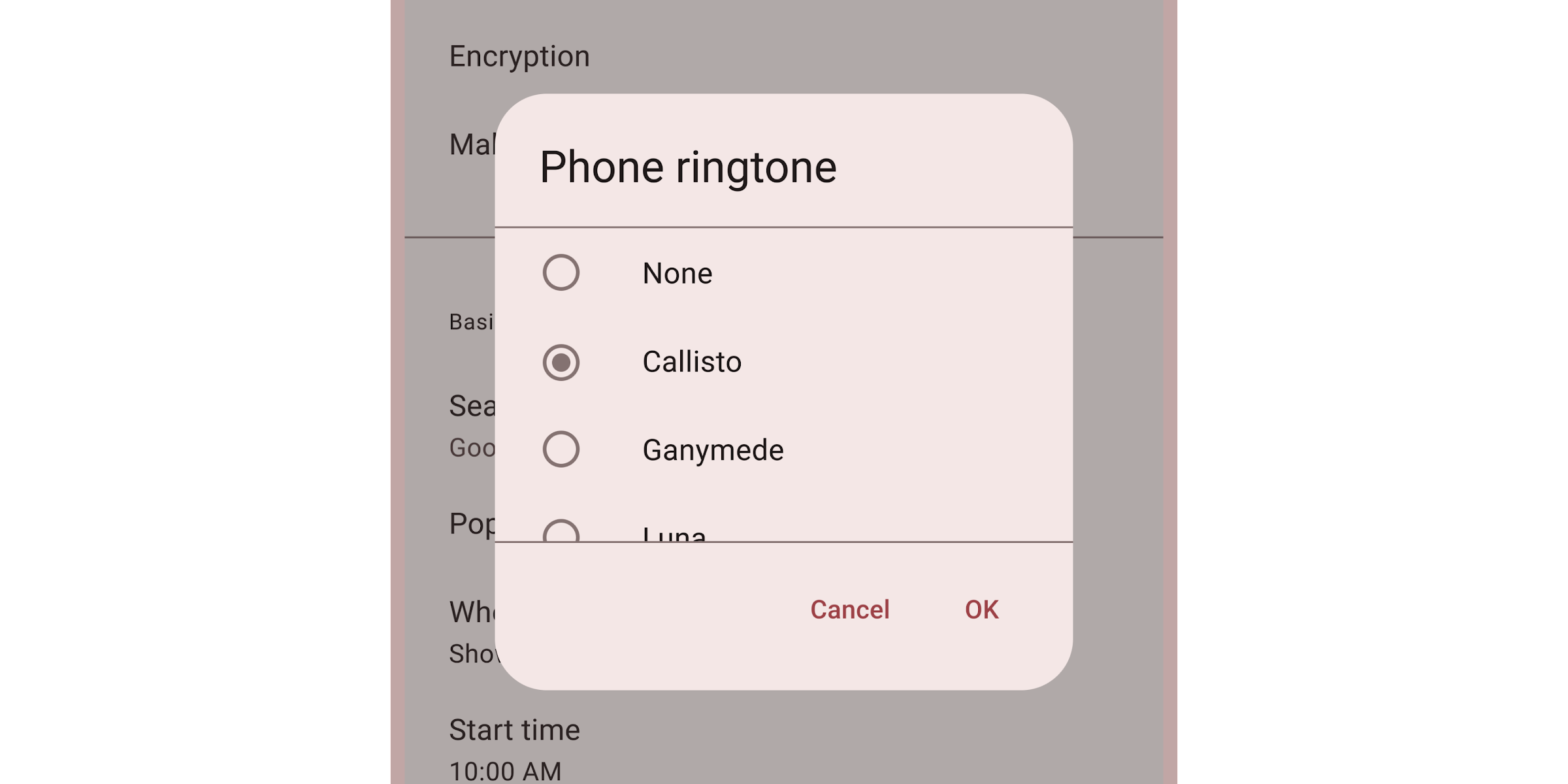 Modal example to select a phone ringtone