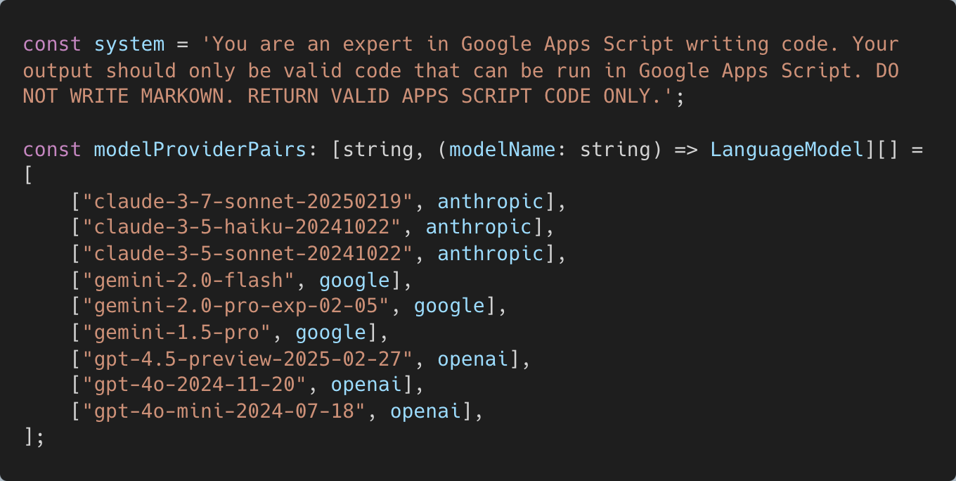code containing system prompt and models in an array