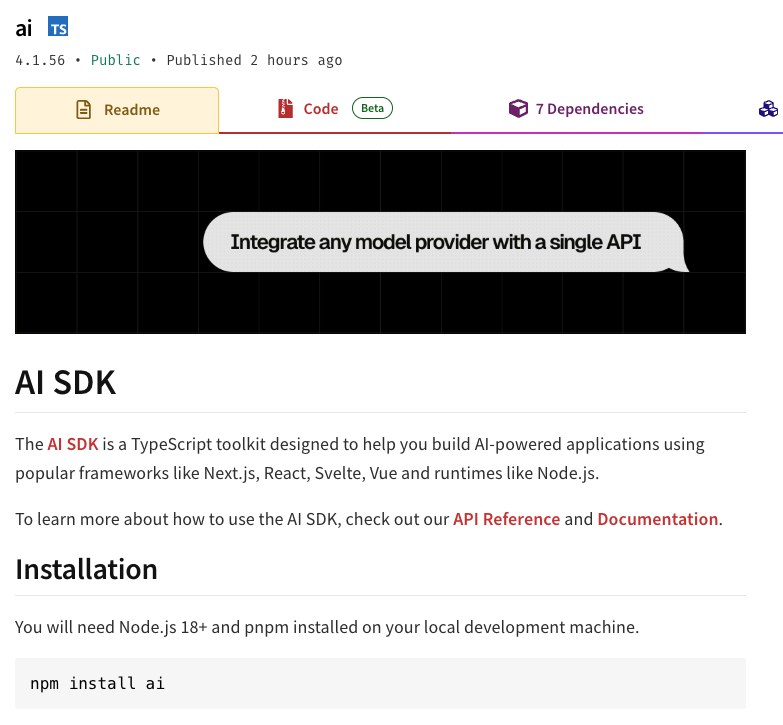 screenshot of AI package on NPM