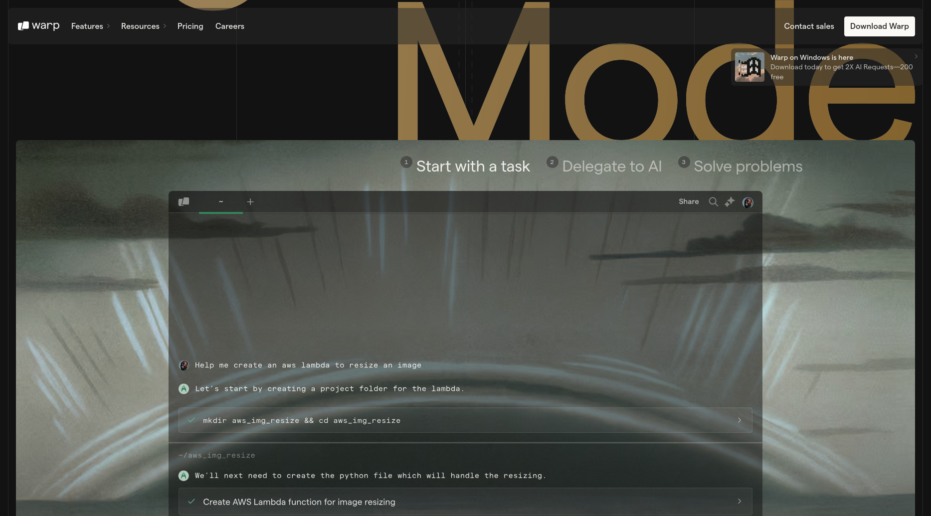 Warp homepage screenshot