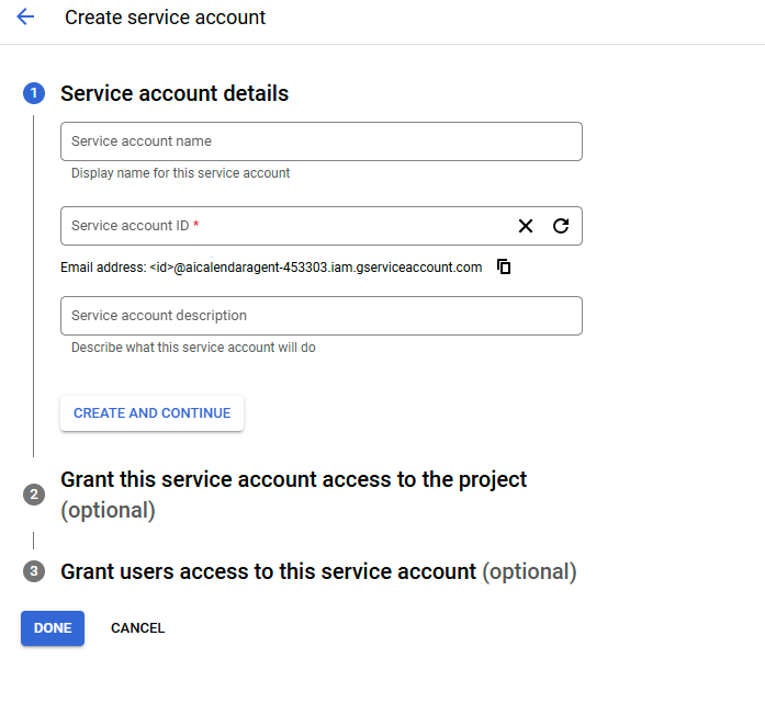 Service Account Creation Screen