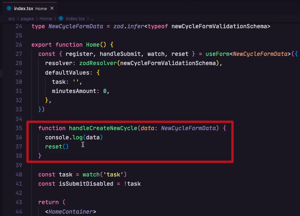handleCreateNewCycle com apenas  raw `console.log(data)` endraw  e  raw `reset()` endraw 
