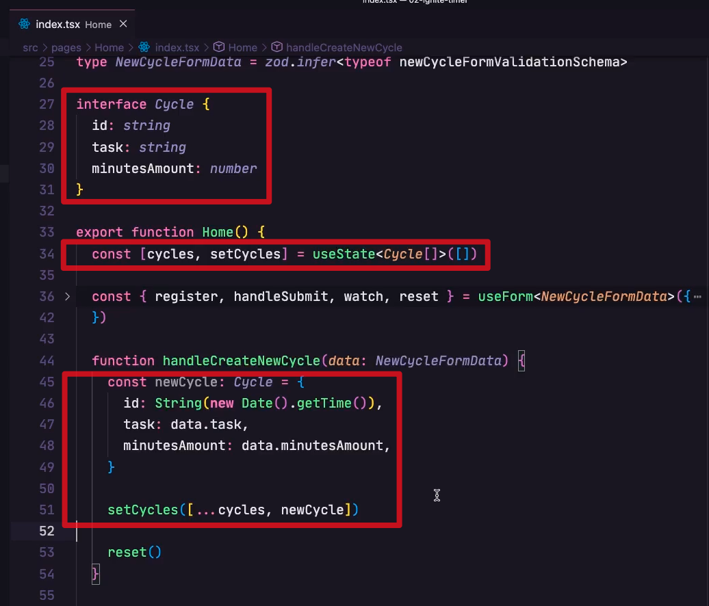 código com estado, interface e setCycles sendo usado