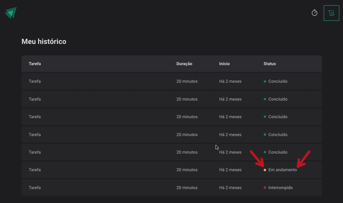 Mostrando a lista de ciclos com diferentes status, mas apenas um com status  raw `em andamento` endraw 