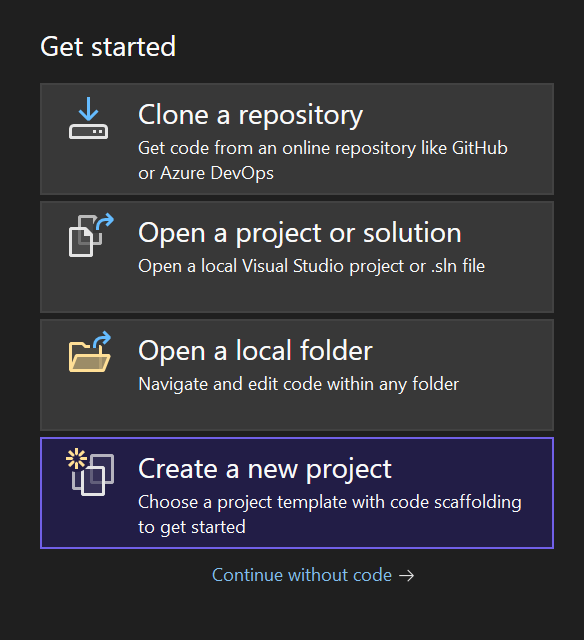 Visual Studio select project interface