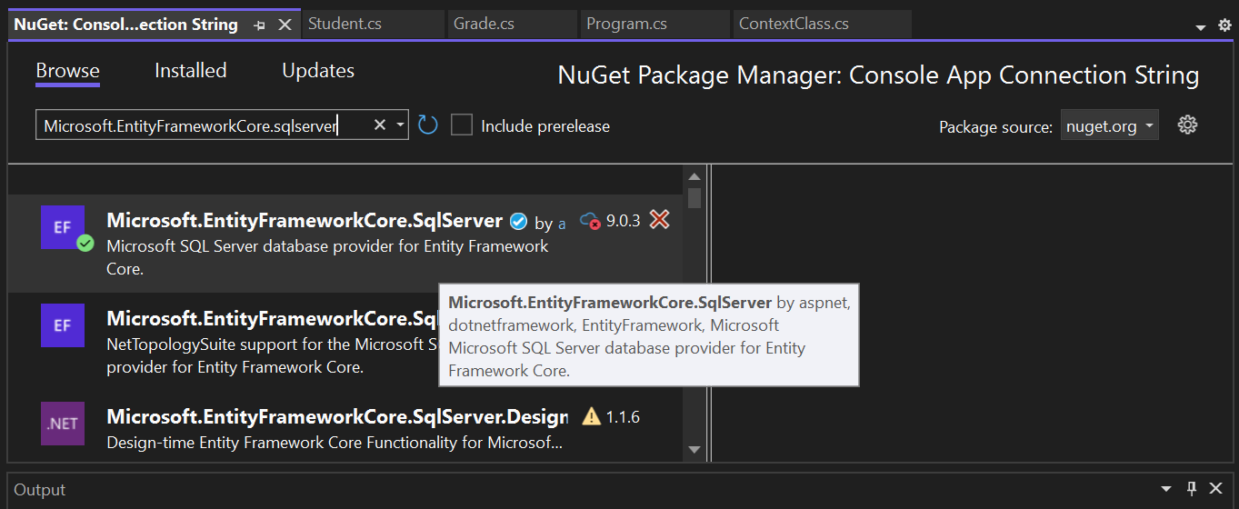 NuGet package manager interface