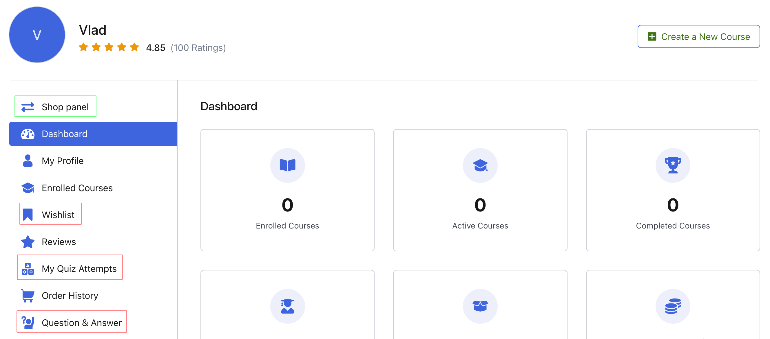 Tutor LMS user control panel