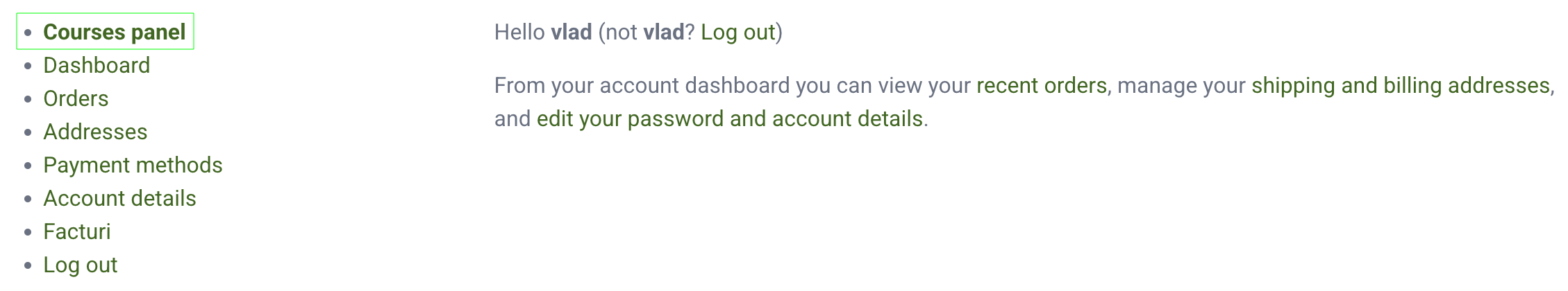 WooCommerce user control panel