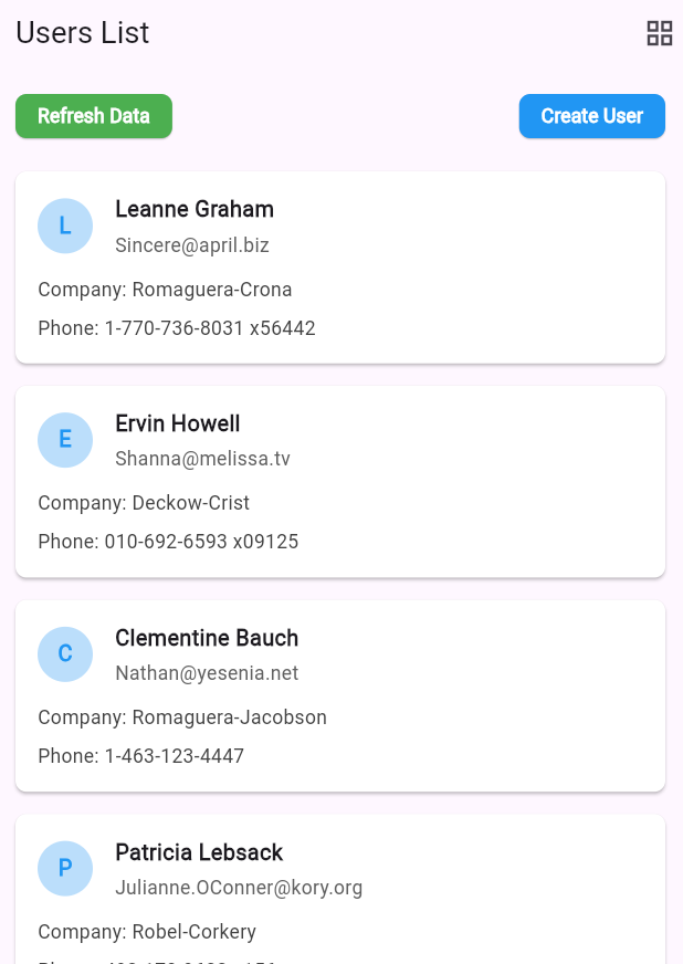 A list of users using the Mock API and use a **reusable component** like **buttons** and **cards**