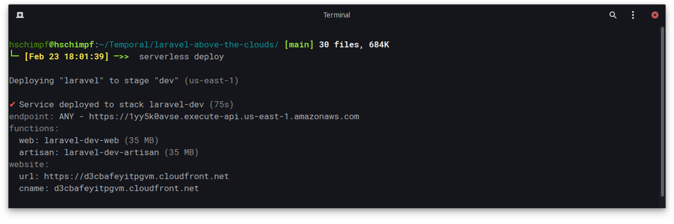 serverless deploy output with CloudFront