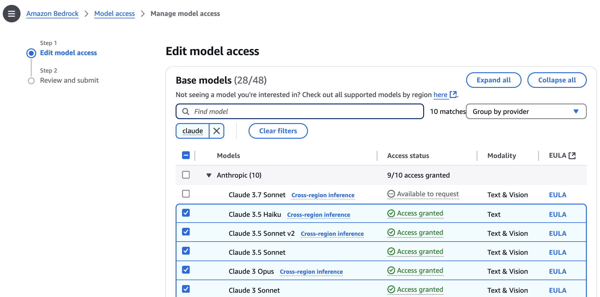 Image showing how to enable access to models in Bedrock