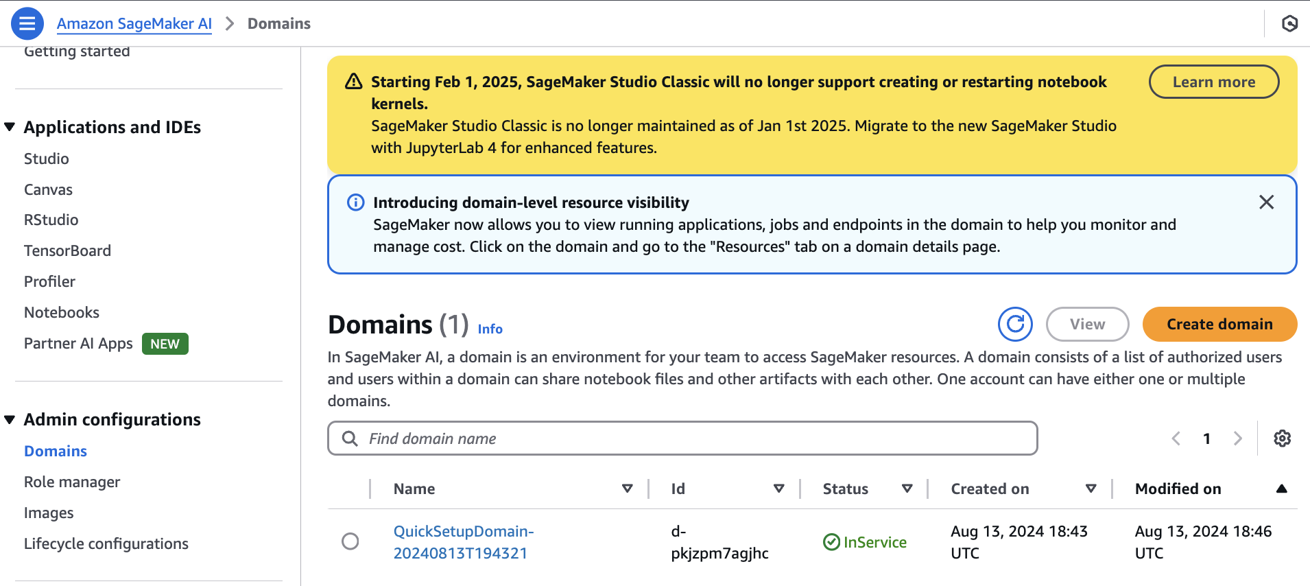 Image showing the creation screen for a SageMaker AI Domain