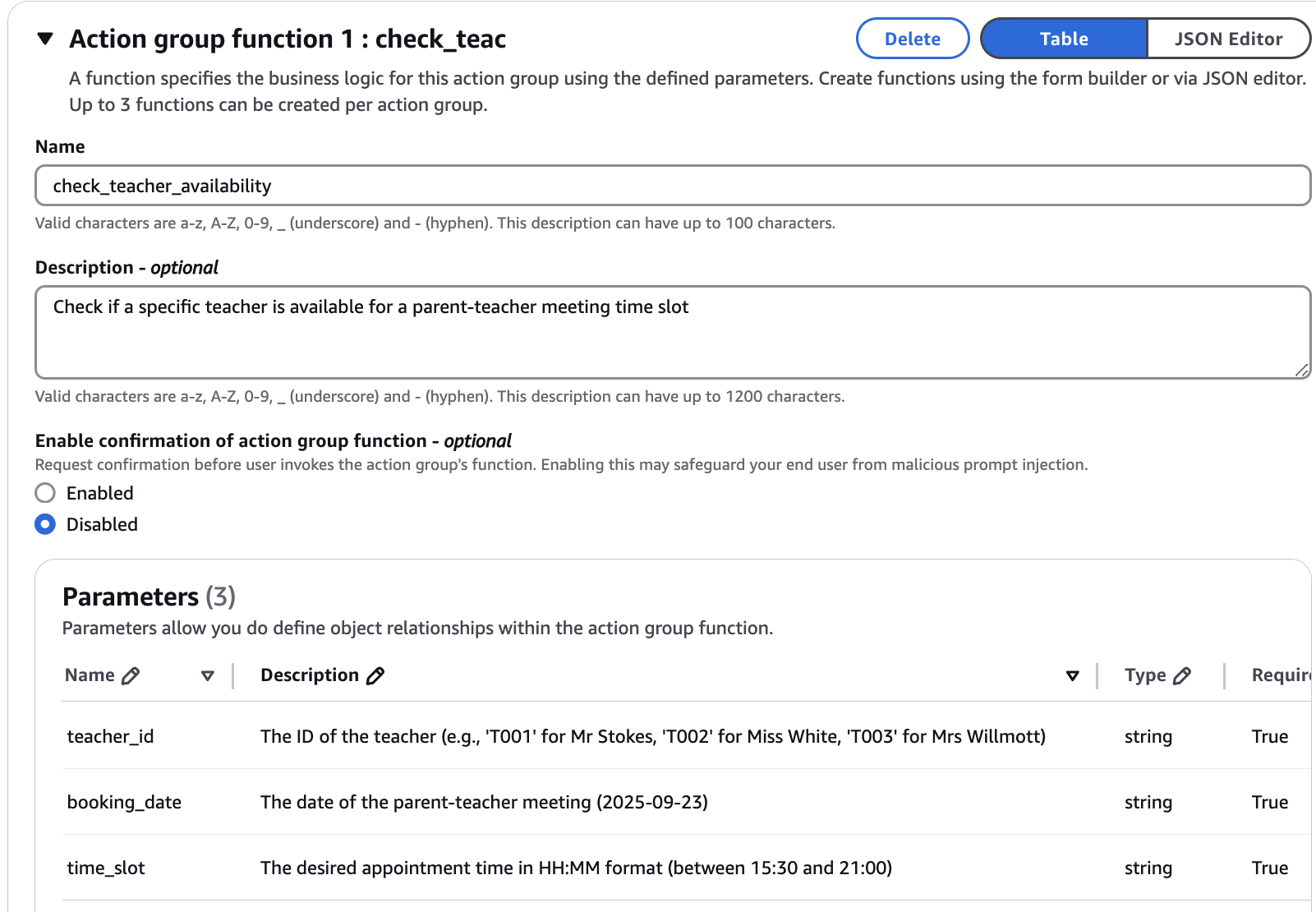 Image showing the action group in the AWS console