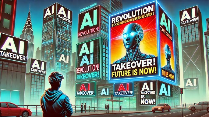 AI created image of a man looking a city with advertisements calling for AI takeover and AI revolution