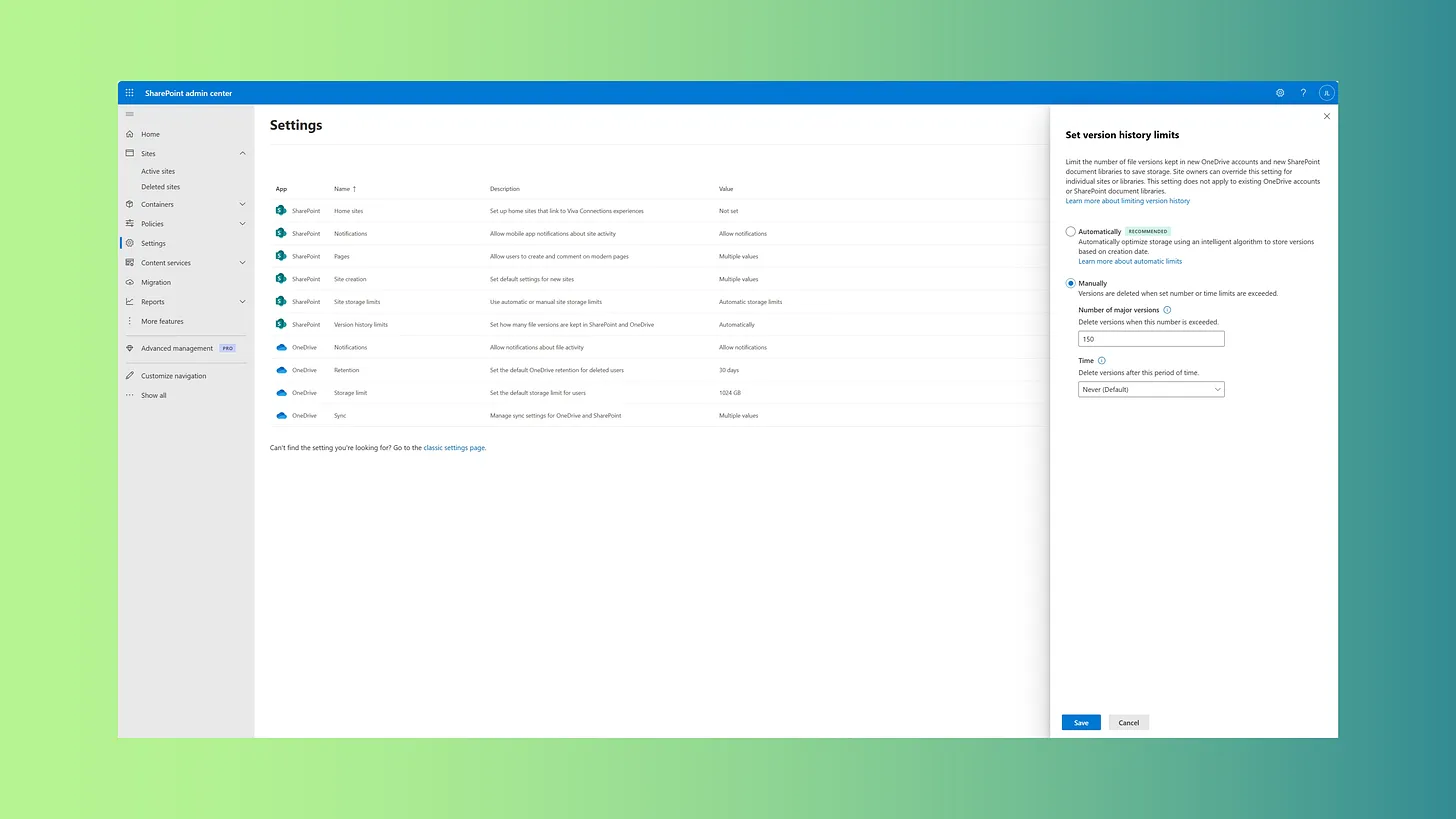 Updating Tenant Versioning Settings via SharePoint Admin Center