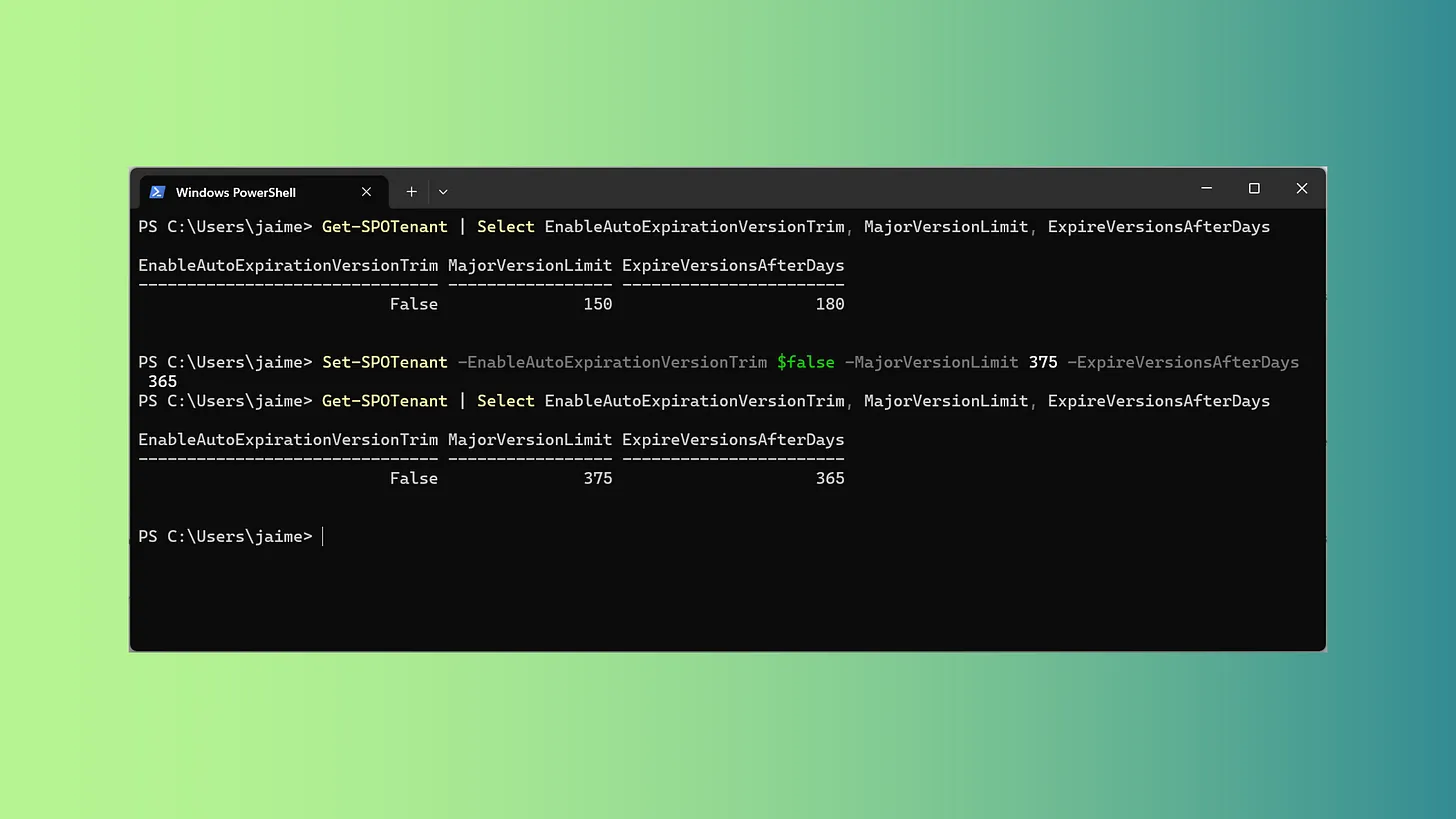 PowerShell example for retrieving and updating SharePoint Online tenant versioning settings