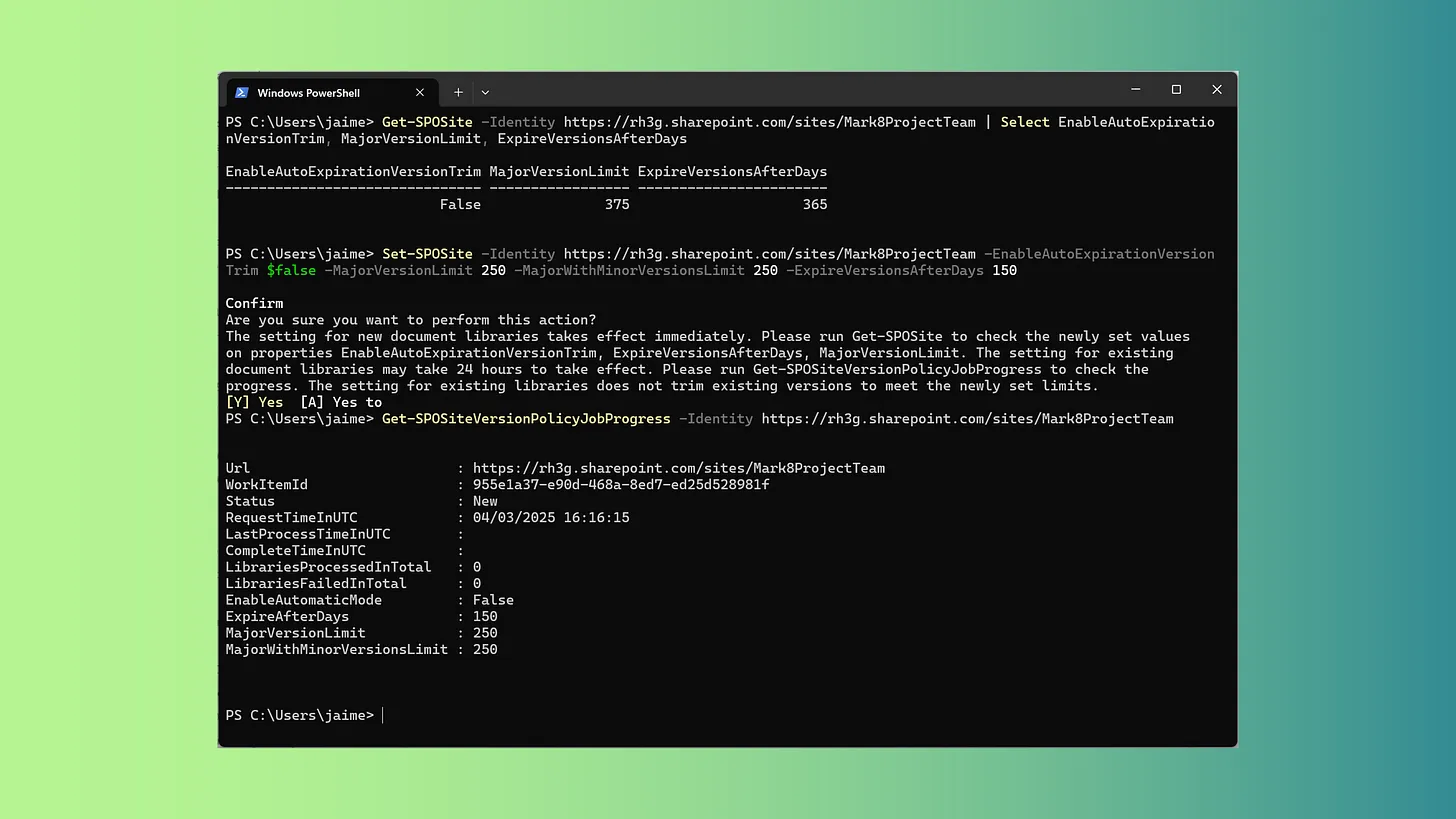 PowerShell example for retrieving and updating SharePoint Online site versioning settings