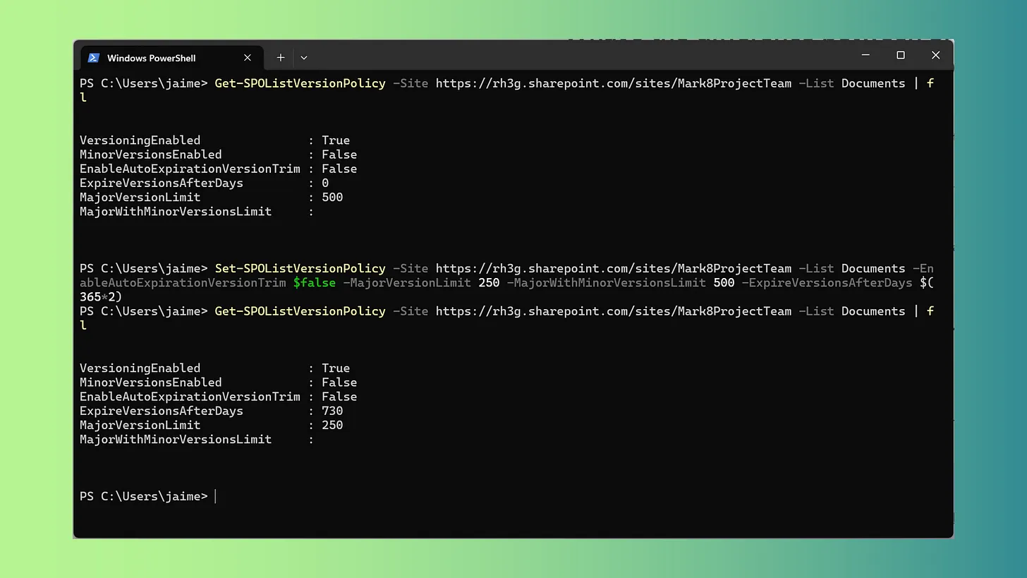 PowerShell example for retrieving and updating SharePoint Online library versioning settings