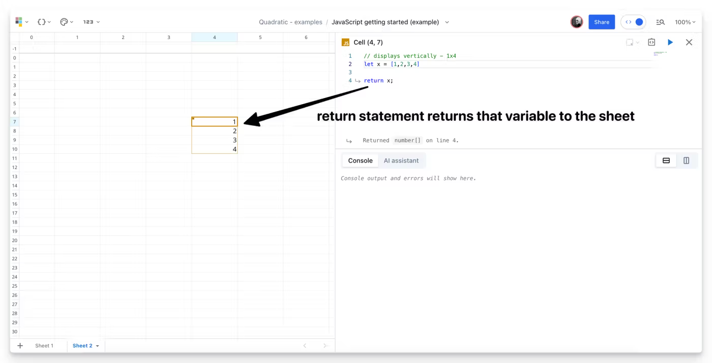 Return JS statement to spreadsheet