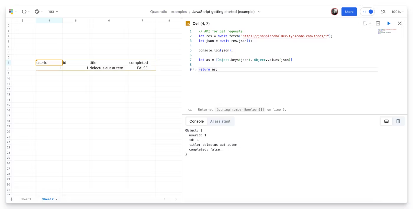 Making an API request in JavaScript to the Quadratic spreadsheet