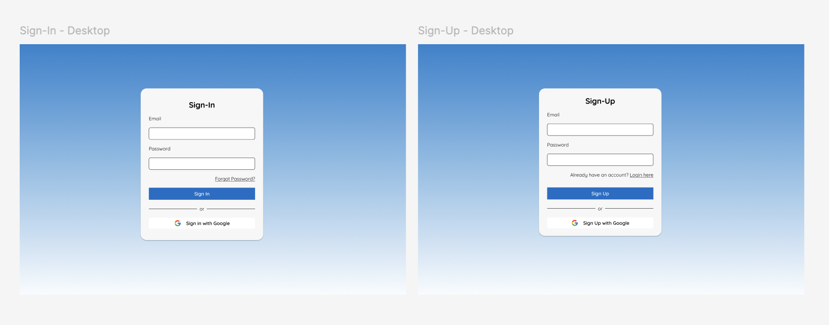 Figma desktop design of sign-in and sign-up pages.
