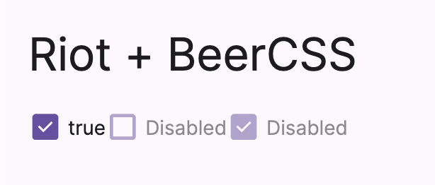 Four different checkbox components: default with label, disabled, disabled and checked