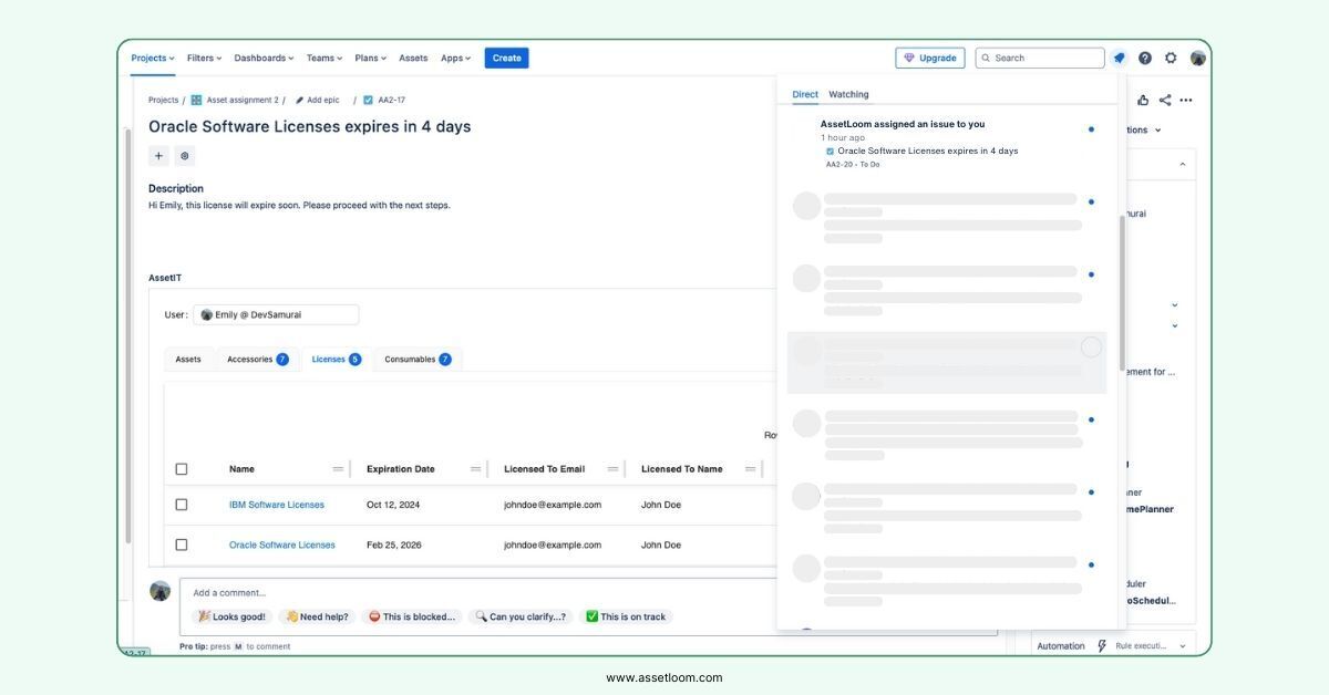AssetLoom automatically creates a Jira issue to assign software retirement task to the stakeholder
