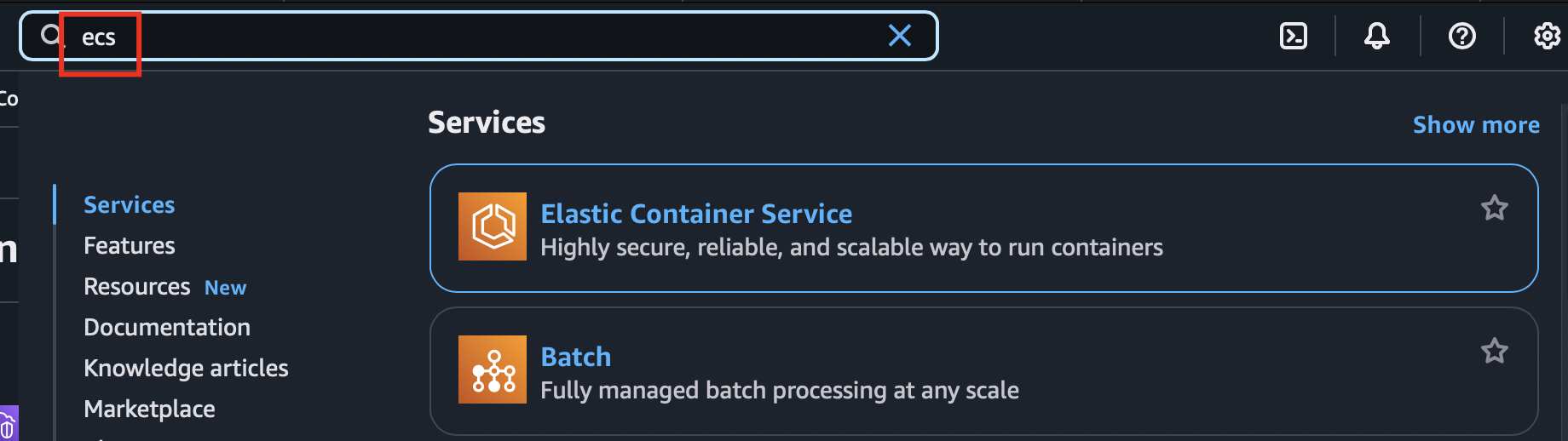 Imagem do console aws, pesquisando pelo serviço ECS