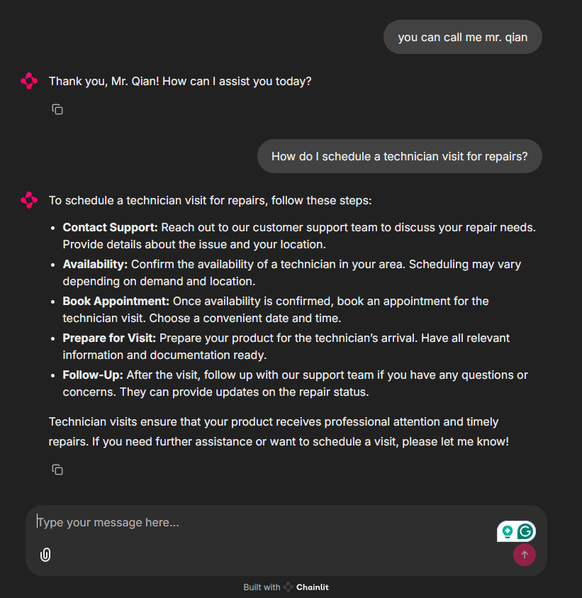 The post-sales agent takes over the user's request and replies immediately. Image by Author